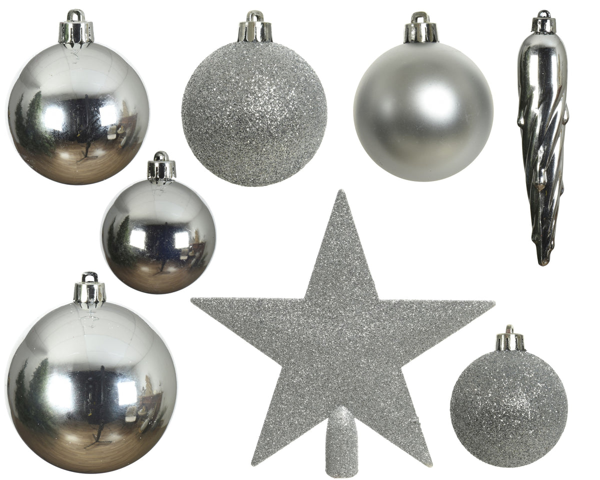 Kerstballen Zilver – 33 Stuks – Shiny, Matt & Glitter - foto 4