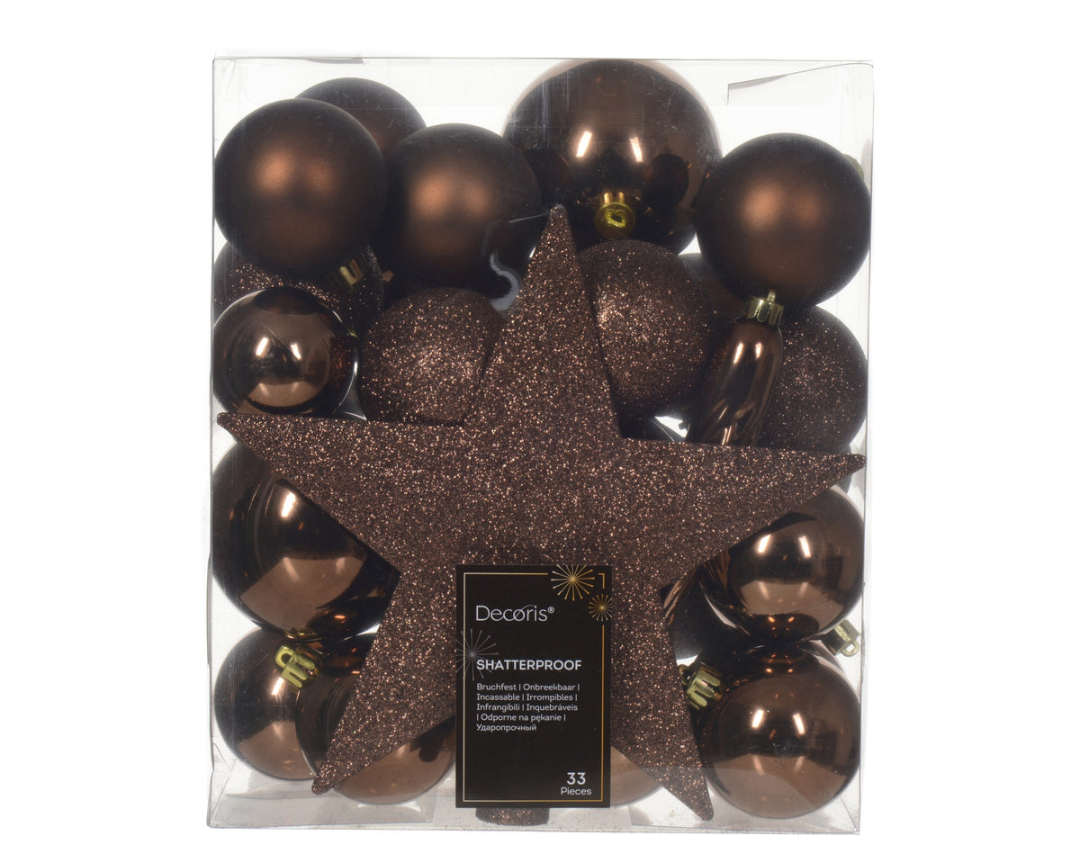 Kerstballen Espresso – 33 Stuks – Shiny, Matt & Glitter