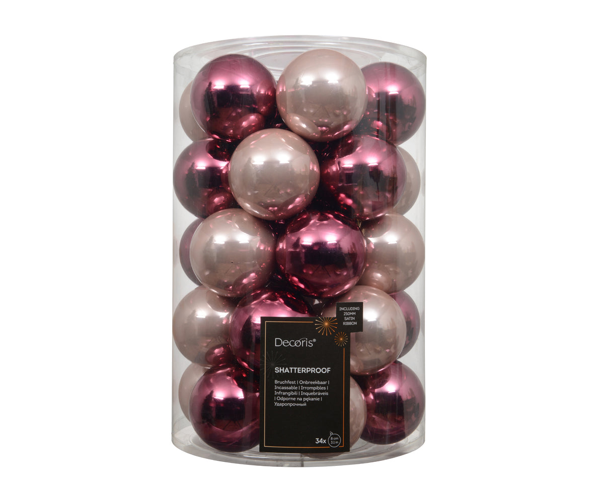 Kerstballen Roze Mix – 34 Stuks – 8 cm – In Koker